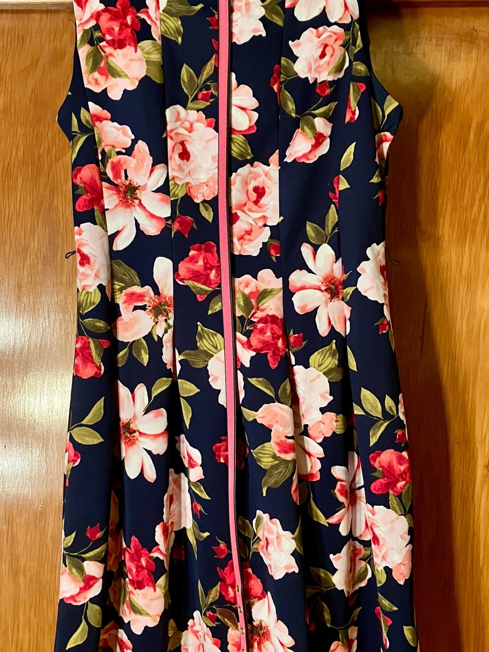 Vintage karin stevens Navy Floral Midi Dress with Pink & Green Accents